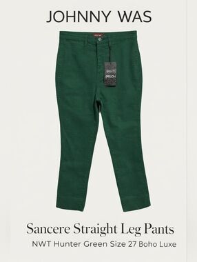 Johnny Was Sancere Straight Leg Pants NWT Hunter Green Size 27 Boho Luxe